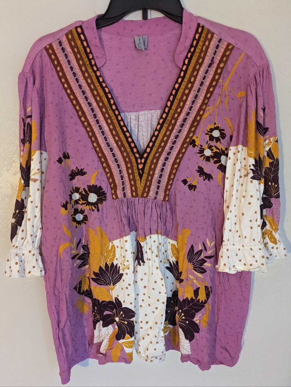 Anthropologie Bl^nk London Stephanie Floral Embroidered Boho V-Neck Top XL